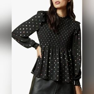 Ted Baker Metallic Polka Dot Smocked Peplum Blouse Black Size 6 ELLZA